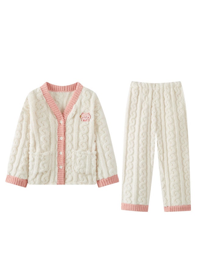 Deesha Thickened Double-sided Flannel Girls' Fleece Cardigan Set Spring Autumn Winter Home Wear Pajamas Pajama Pants Can Be Worn Out