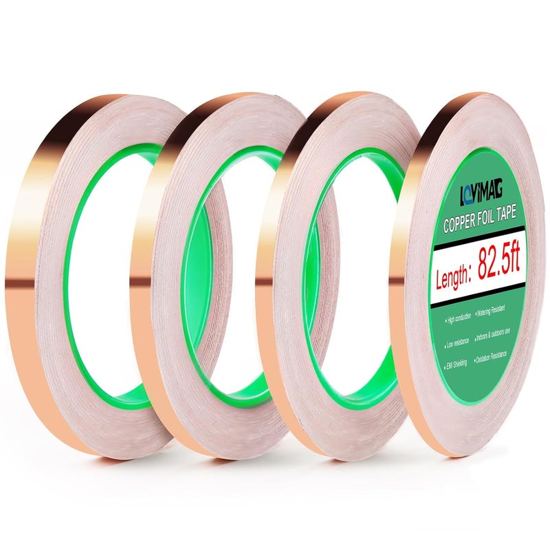 LOVIMAG Copper Foil Tape, Conductive Copper Tape 4 Sizes (0.2/0.24/0.3/0.4Inch) x82.5FT, Copper Tape Conductive Adhesive for Stained Glass Supplies, Guitar and EMI Shielding, Electrical Repairs. - Image 1