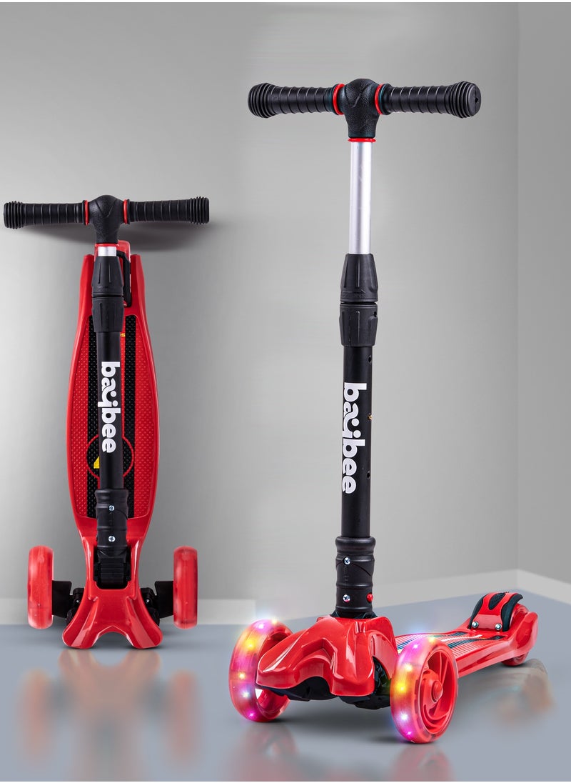 BAYBEE - Flash Skate Scooter For Kids 3 Wheel Kids Scooter With Foldable 4 Height Adjustable Handle Baby Scooter With Led Wheels Smart Kick Scooter For Baby Scooter For Kids 3 To 10 Years Boys Girls Red - Image 1