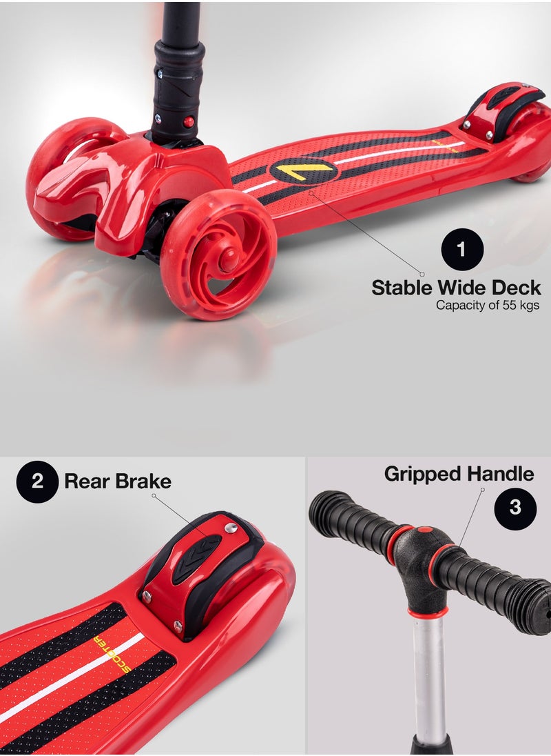 BAYBEE - Flash Skate Scooter For Kids 3 Wheel Kids Scooter With Foldable 4 Height Adjustable Handle Baby Scooter With Led Wheels Smart Kick Scooter For Baby Scooter For Kids 3 To 10 Years Boys Girls Red - Image 1