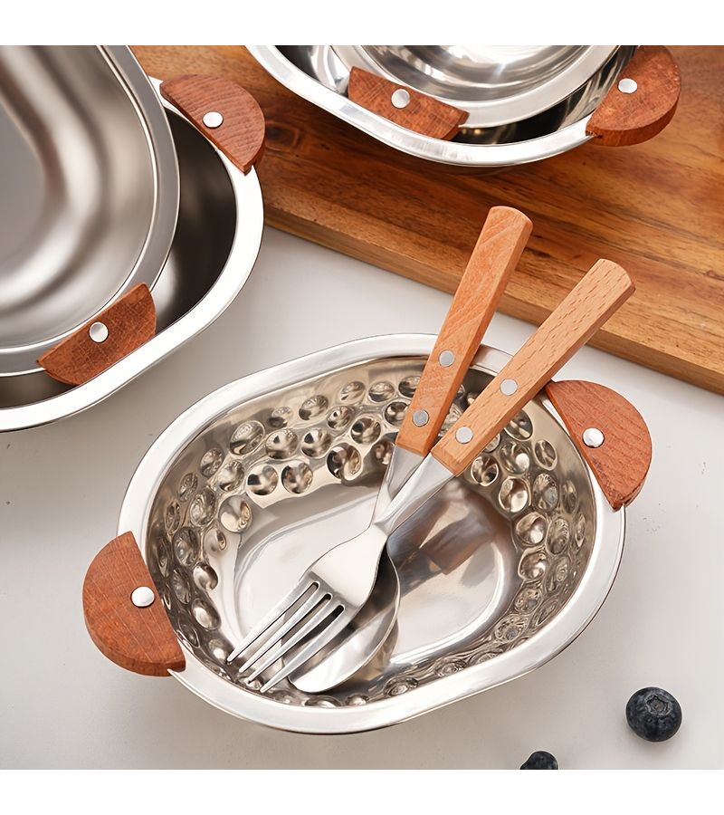 3 Piece Sandblasted Stainless Steel Bowl Set With Walnut Wood Handle Fork And Spoon - Image 1