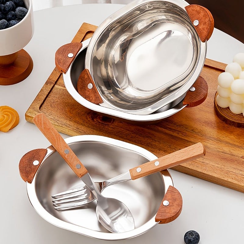 3 Piece Sandblasted Stainless Steel Bowl Set With Walnut Wood Handle Fork And Spoon - Image 2