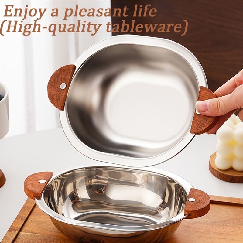 3 Piece Sandblasted Stainless Steel Bowl Set With Walnut Wood Handle Fork And Spoon - Image 3