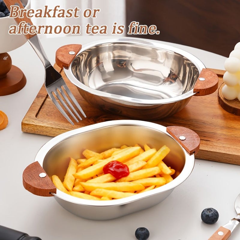 3 Piece Sandblasted Stainless Steel Bowl Set With Walnut Wood Handle Fork And Spoon - Image 4