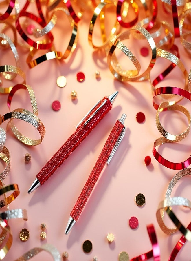 Junfamilee Red Rhinestone Bling Metal Ballpoint Pens Stationery Press Pen Black Ink Gift Pens for Women Girls Coworkers Novelty Cool Signature Pen Writing and Correction Supplies - Image 2