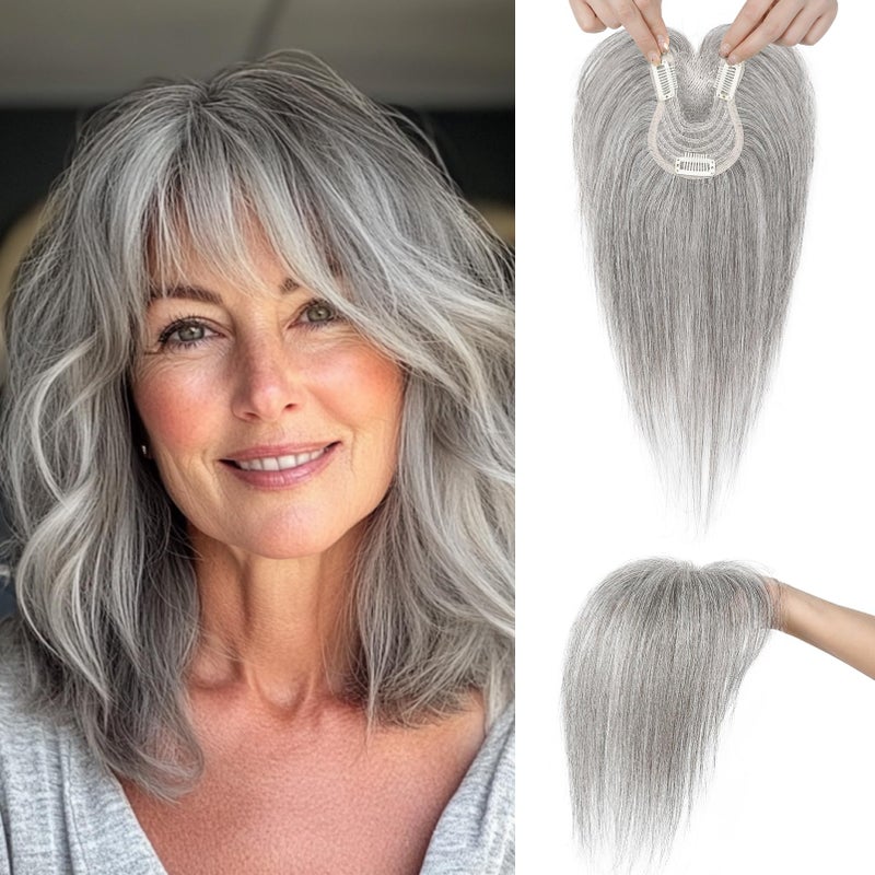 SEIKEA Hair Toppers for Women Real Human Hair, 10" Clip in Bangs Hand-tied Base 1.4 * 2.2inch Natural Realistic with Thinning Hair with Wispy Bangs Light Gray - Image 1