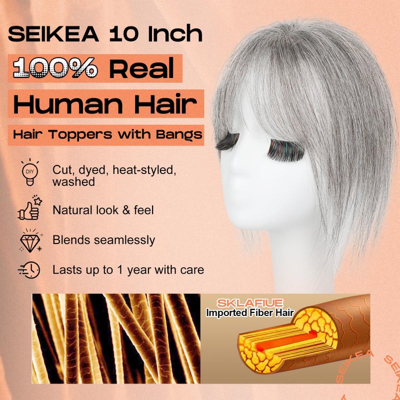 SEIKEA Hair Toppers for Women Real Human Hair, 10" Clip in Bangs Hand-tied Base 1.4 * 2.2inch Natural Realistic with Thinning Hair with Wispy Bangs Light Gray - Image 2