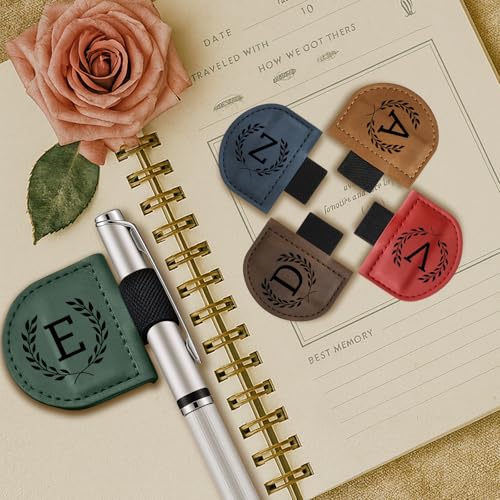 JUBOPE Easter Basket Stuffer Bygone Mark Bookmark with Pen Holder, 26 Name Initial Letters, 5 Retro Colors, Personalized Magnetic Leather Bookmarks Gift for Women and Men Book Lovers, Students, Teachers - Image 2