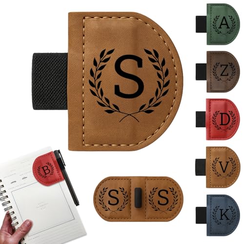 JUBOPE Easter Basket Stuffer Bygone Mark Bookmark with Pen Holder, 26 Name Initial Letters, 5 Retro Colors, Personalized Magnetic Leather Bookmarks Gift for Women and Men Book Lovers, Students, Teachers - Image 1