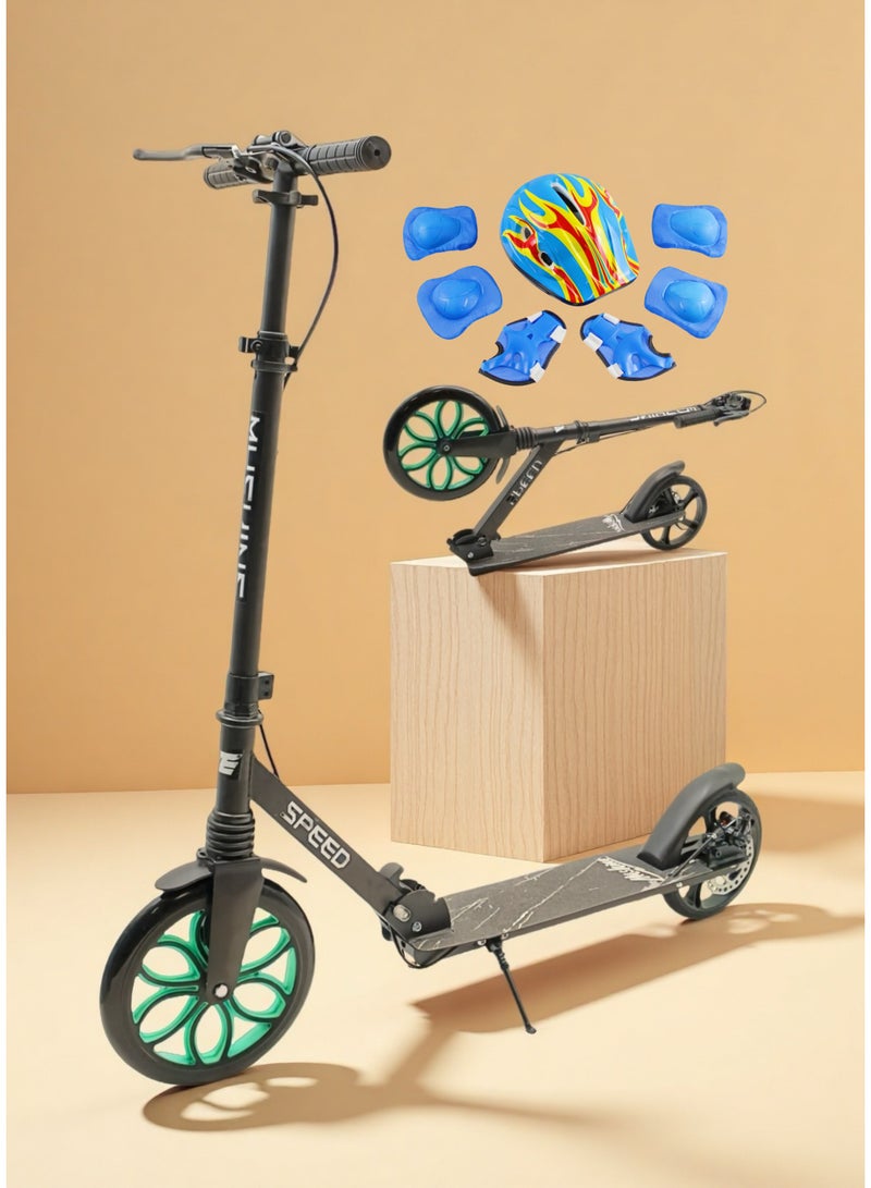 إيزي فيتشور سكوتر إيزي فيوتشر للأطفال من عمر 7 إلى 14 عامًا، مزود بمجموعة كاملة من معدات الحماية، قابل للطي، بعجلات كبيرة، ومقود قابل للتعديل، وفرامل خلفية، ومقبض سهل الإمساك. - Image 1