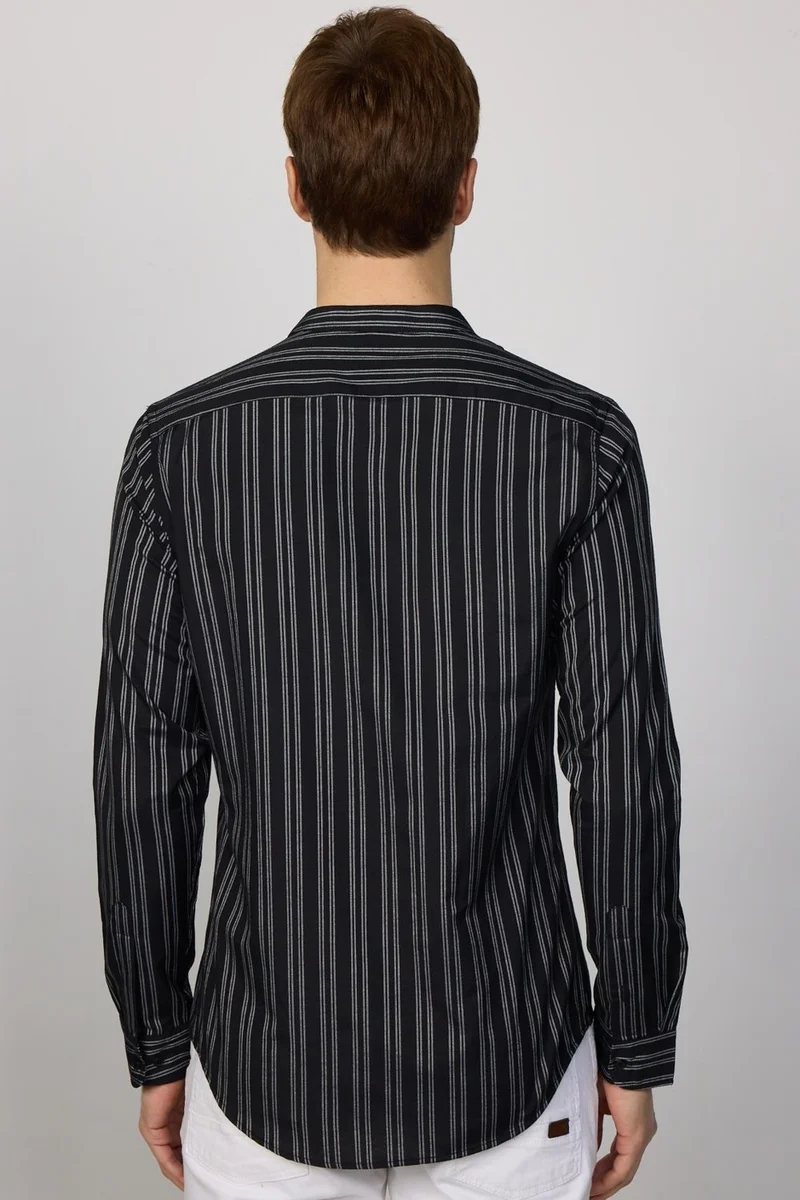 تودورس Slim Fit Collar Cotton Easy-Iron Striped Black Men's Shirt
