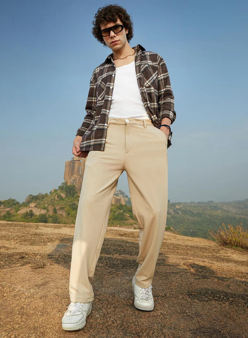 CAHOOT Brown Men's Khaki Brown Straight-Fit Tailored Trousers For Casual Wear | Mid-Rise | Regular Fit | Button Closure | Trousers Crafted With Comfort Fit For Everyday Wear for Men | Best Price UAE