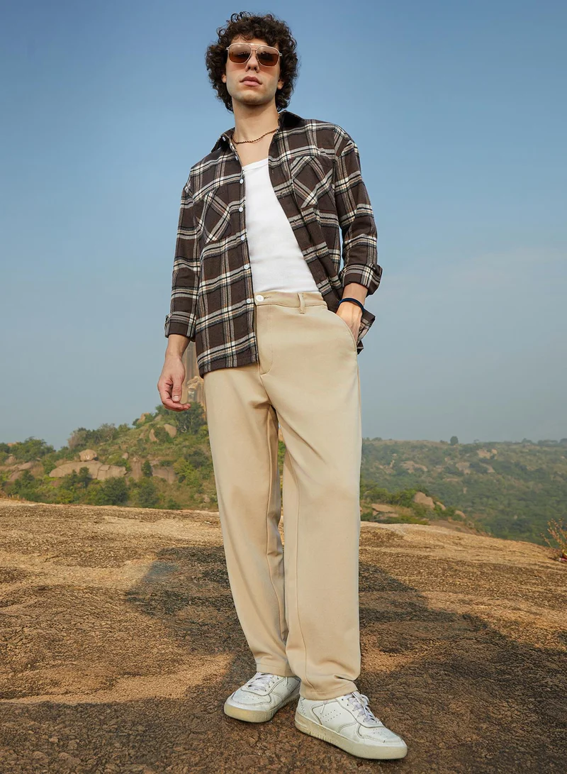 CAHOOT Brown Men's Khaki Brown Straight-Fit Tailored Trousers For Casual Wear | Mid-Rise | Regular Fit | Button Closure | Trousers Crafted With Comfort Fit For Everyday Wear for Men | Best Price UAE