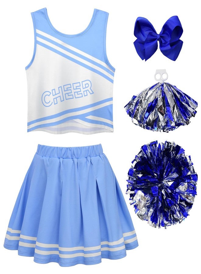 JerrisApparel Cheerleader Costume for Girls Cheer Uniform Dress Up Outfit With Pompoms (Blue, 11-12) - Image 1