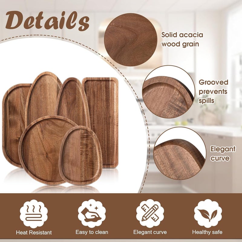 Rtteri طقم Rtteri من 6 أطباق تقديم مصنوعة من خشب الأكاسيا أطباق خشبية صينية تقديم خشب صلبة لوح تشاركوتيري للمطبخ عشاء طعام جبن مقبلات حلوى وجبة خفيفة شواء نزهة حفلة هدية تدفئة منزلية 6 أشكال - Image 3