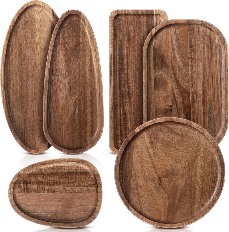 Rtteri طقم Rtteri من 6 أطباق تقديم مصنوعة من خشب الأكاسيا أطباق خشبية صينية تقديم خشب صلبة لوح تشاركوتيري للمطبخ عشاء طعام جبن مقبلات حلوى وجبة خفيفة شواء نزهة حفلة هدية تدفئة منزلية 6 أشكال - Image 1