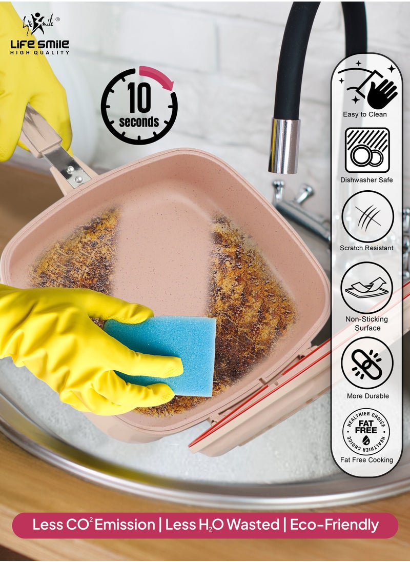 Life Smile - 32CM Smart Double Grill Pan - Stone Design - 100% PFOA FREE - Flipping Grill Frying Pan | Multiple Hob Compatibility - Image 1