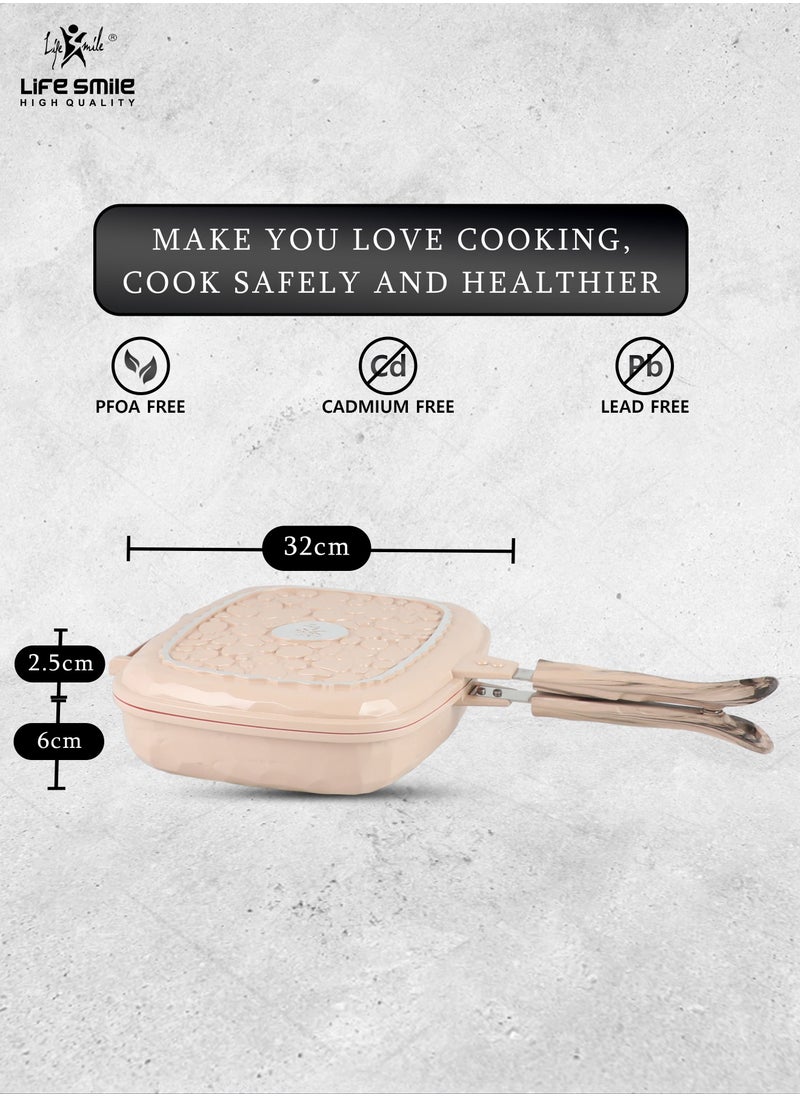 Life Smile 32CM Smart Double Grill Pan - Stone Design - 100% PFOA FREE - Flipping Grill Frying Pan | Multiple Hob Compatibility  - Image 3