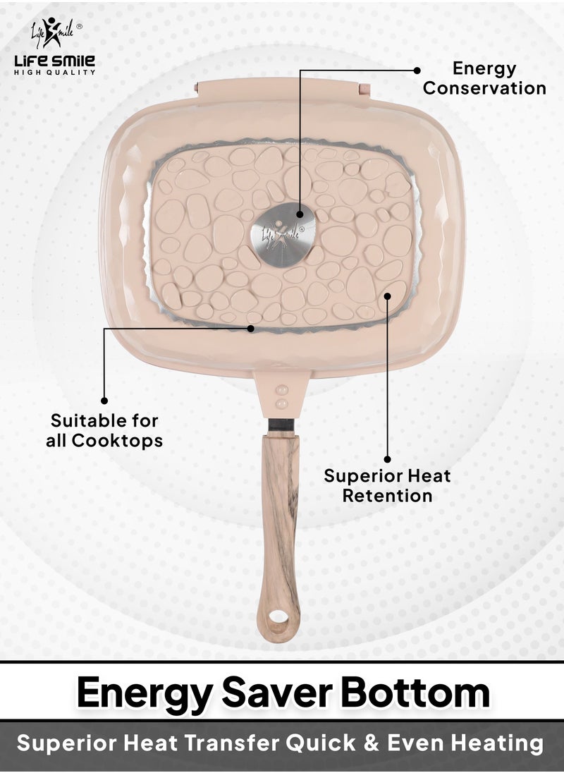 Life Smile 32CM Smart Double Grill Pan - Stone Design - 100% PFOA FREE - Flipping Grill Frying Pan | Multiple Hob Compatibility  - Image 2