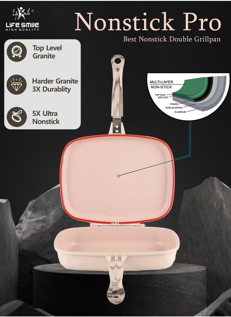 Life Smile 32CM Smart Double Grill Pan - Stone Design - 100% PFOA FREE - Flipping Grill Frying Pan | Multiple Hob Compatibility  - Image 4