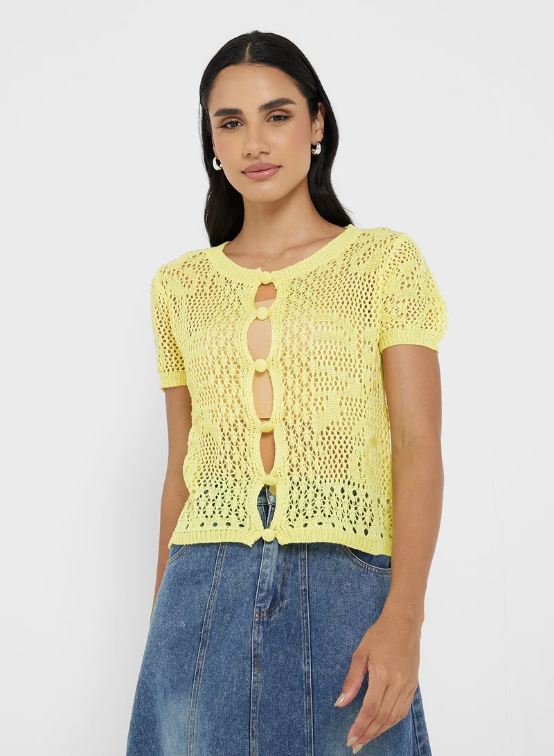 جينجر Knitted Openwork Button Up Top