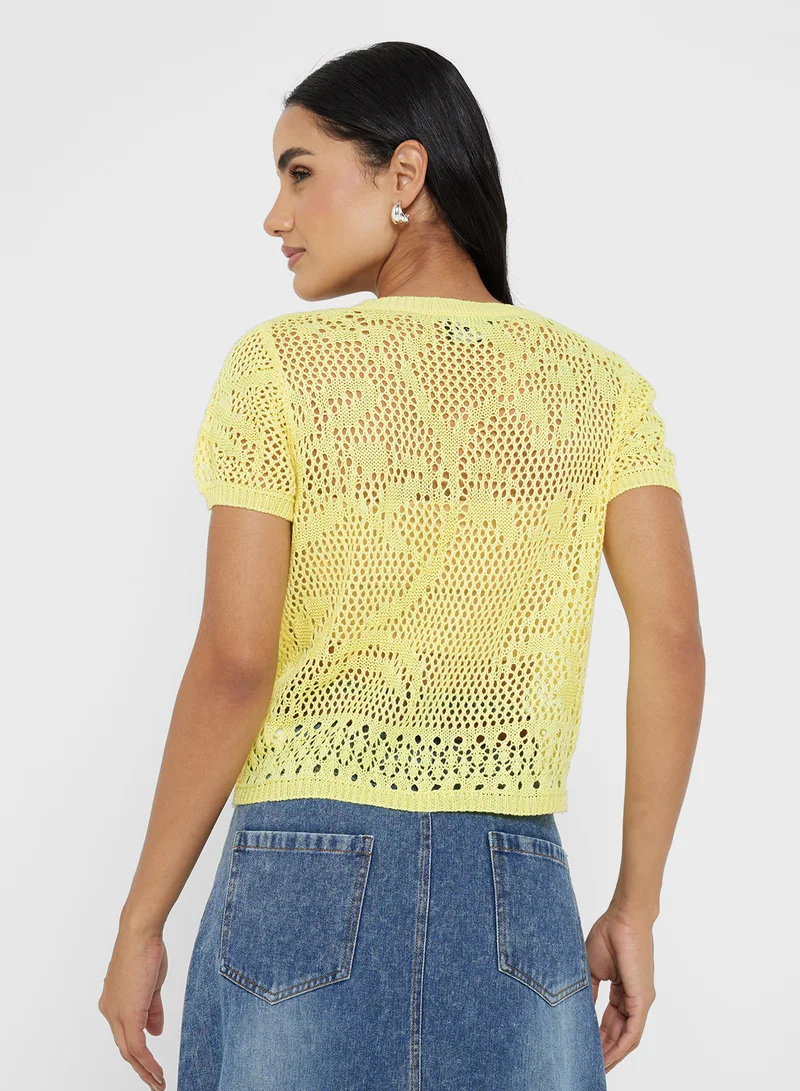 جينجر Knitted Openwork Button Up Top