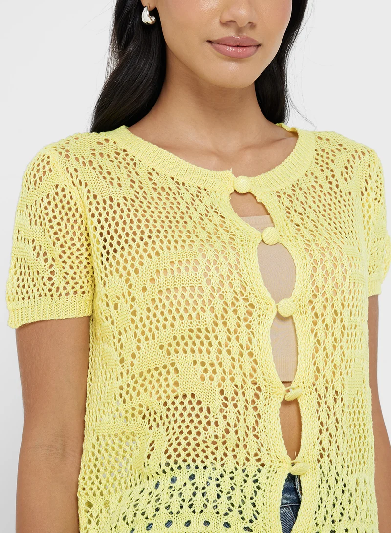 جينجر Knitted Openwork Button Up Top