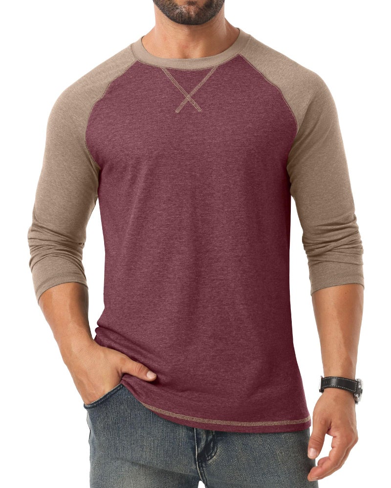 Askdeer Mens Cotton Shirts Long Sleeve Casual T-Shirts Soft Crew Neck Shirts Red - Image 2