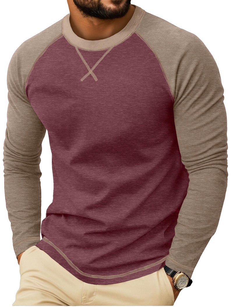 Askdeer Mens Cotton Shirts Long Sleeve Casual T-Shirts Soft Crew Neck Shirts Red - Image 1