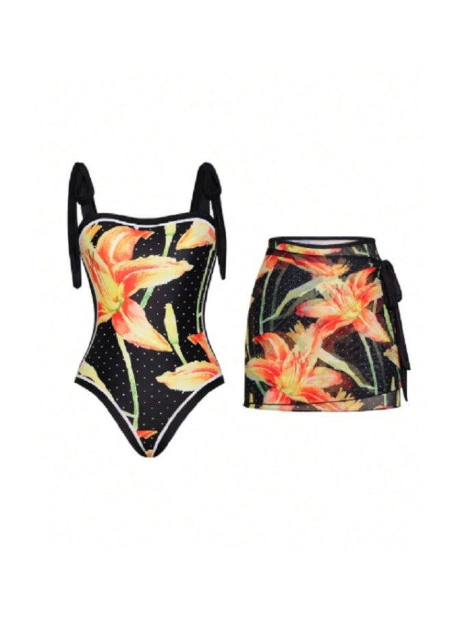 Shein Swim Oasis 2 Pieces Floral Dot & Lily Print One-Piece Swimsuit And Tied Waist Pencil Skirt Set, Tropical Vibe High-End Resort Fashion For Summer Beach Vacation - Image 2