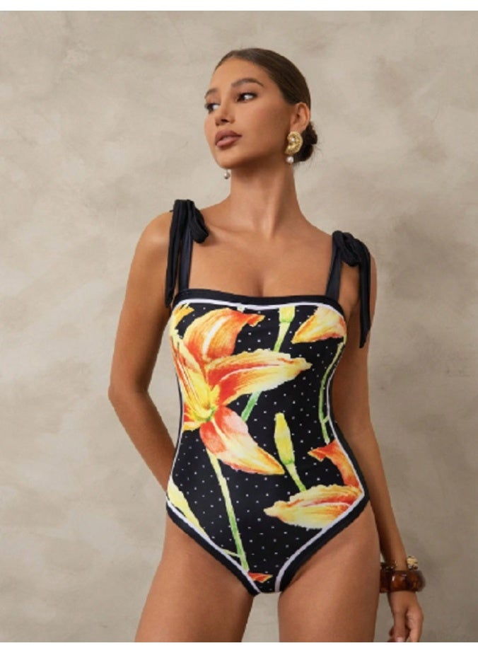 Shein Swim Oasis 2 Pieces Floral Dot & Lily Print One-Piece Swimsuit And Tied Waist Pencil Skirt Set, Tropical Vibe High-End Resort Fashion For Summer Beach Vacation - Image 4