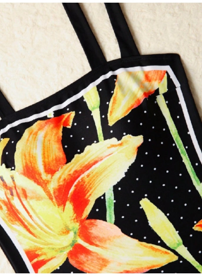 Shein Swim Oasis 2 Pieces Floral Dot & Lily Print One-Piece Swimsuit And Tied Waist Pencil Skirt Set, Tropical Vibe High-End Resort Fashion For Summer Beach Vacation - Image 5