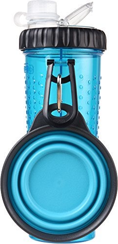Dexas Popware for Pets Snack Duo Dual Chambered Hydration Bottle and Snack Container with Collapsible Pet Cup, Blue - Image 1