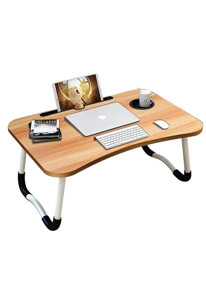 طاولة كمبيوتر محمول ذكية متعددة الأغراض مع قاعدة تثبيت وحامل أكواب قهوة / طاولة دراسة / طاولة سرير / قابلة للطي والحمل / حواف دائرية مريحة / أرجل مانعة للانزلاق / خشب هندسي - Image 2