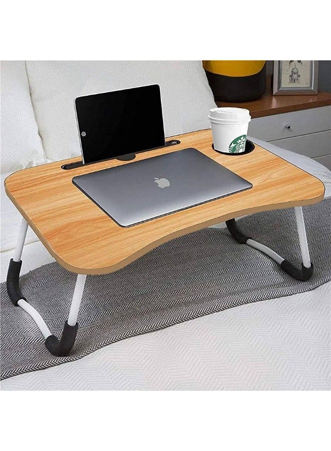 طاولة كمبيوتر محمول ذكية متعددة الأغراض مع قاعدة تثبيت وحامل أكواب قهوة / طاولة دراسة / طاولة سرير / قابلة للطي والحمل / حواف دائرية مريحة / أرجل مانعة للانزلاق / خشب هندسي - Image 4