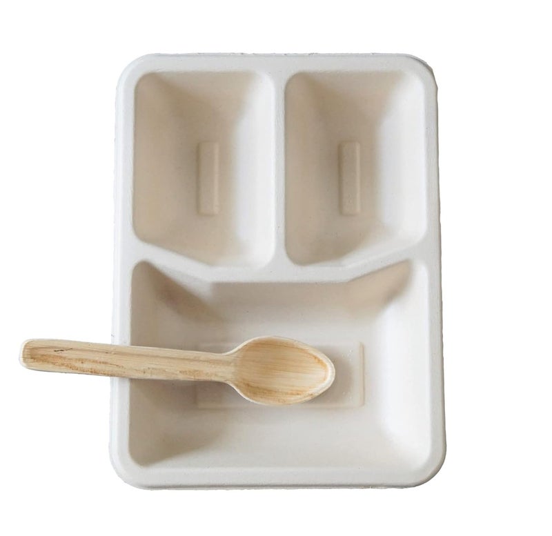 Vissage Ecofriendly 3 Compartment Disposable Meal Tray with Leaf Spoons Pack of 25 Each - Image 1