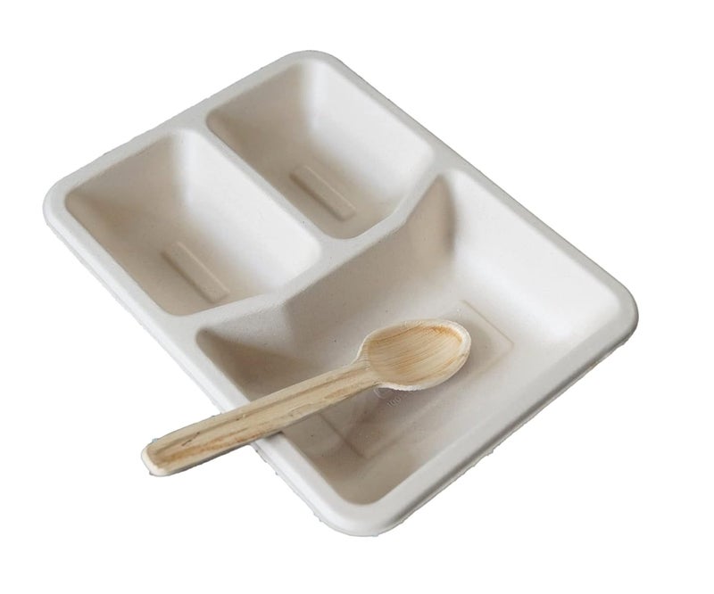 Vissage Ecofriendly 3 Compartment Disposable Meal Tray with Leaf Spoons Pack of 25 Each - Image 2