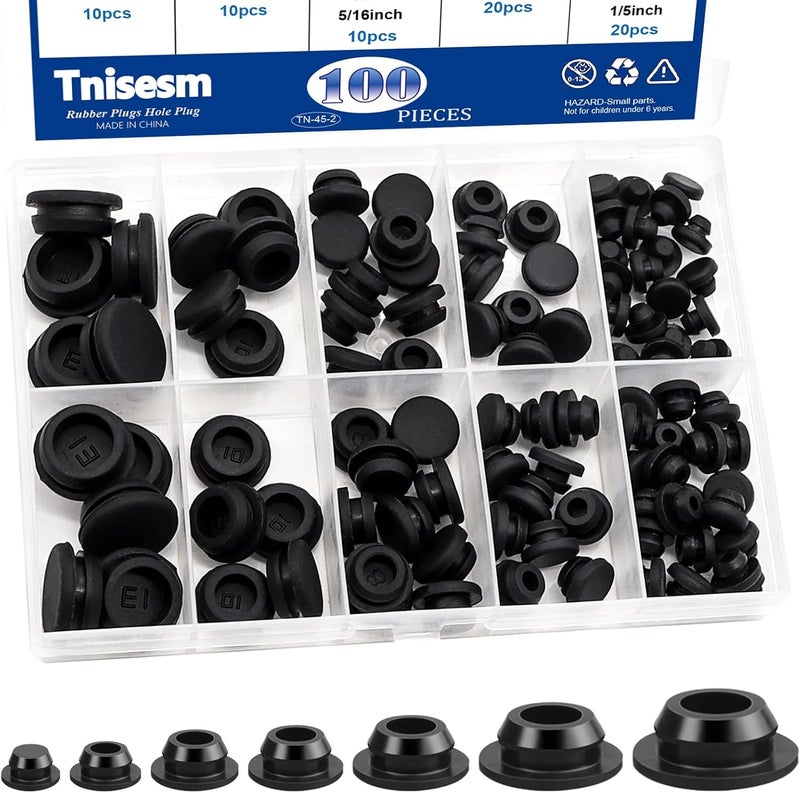 Tnisesm 100 قطعة 7 أحجام سدادات مطاطية سوداء للثقوب الدائرية سدادات سيليكون، 1/2" 3/8" 5/16" 1/4" 1/5" سدادة ثقب دائرية بقفل سريع، تستخدم للأثاث - Image 1