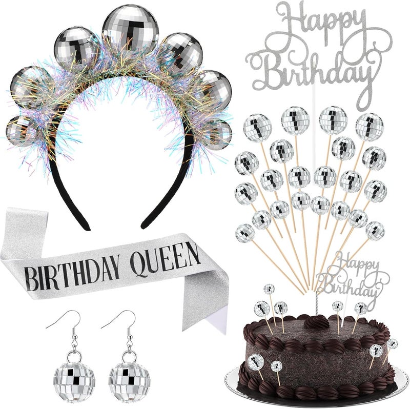 Canlierr Disco Ball Birthday Party Decorations Supplies Silver Decors Include1 Party Sash 22 Pcs Cake Toppers 1 Cake Topper and 1 Pair Earrings for 70s 80s Birthday - Image 1