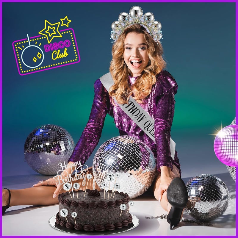 Canlierr Disco Ball Birthday Party Decorations Supplies Silver Decors Include1 Party Sash 22 Pcs Cake Toppers 1 Cake Topper and 1 Pair Earrings for 70s 80s Birthday - Image 4