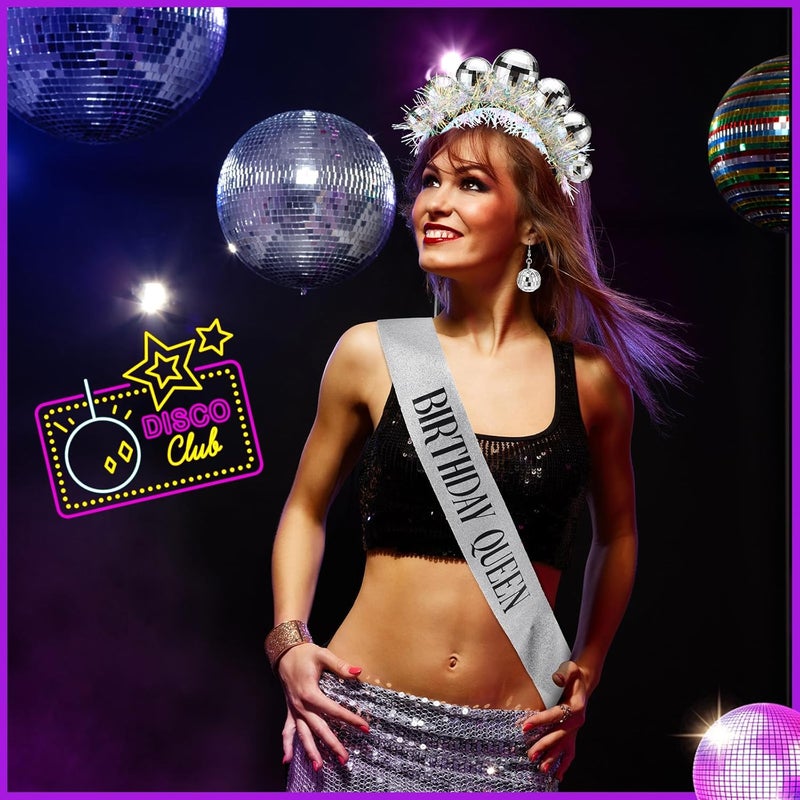 Canlierr Disco Ball Birthday Party Decorations Supplies Silver Decors Include1 Party Sash 22 Pcs Cake Toppers 1 Cake Topper and 1 Pair Earrings for 70s 80s Birthday - Image 5