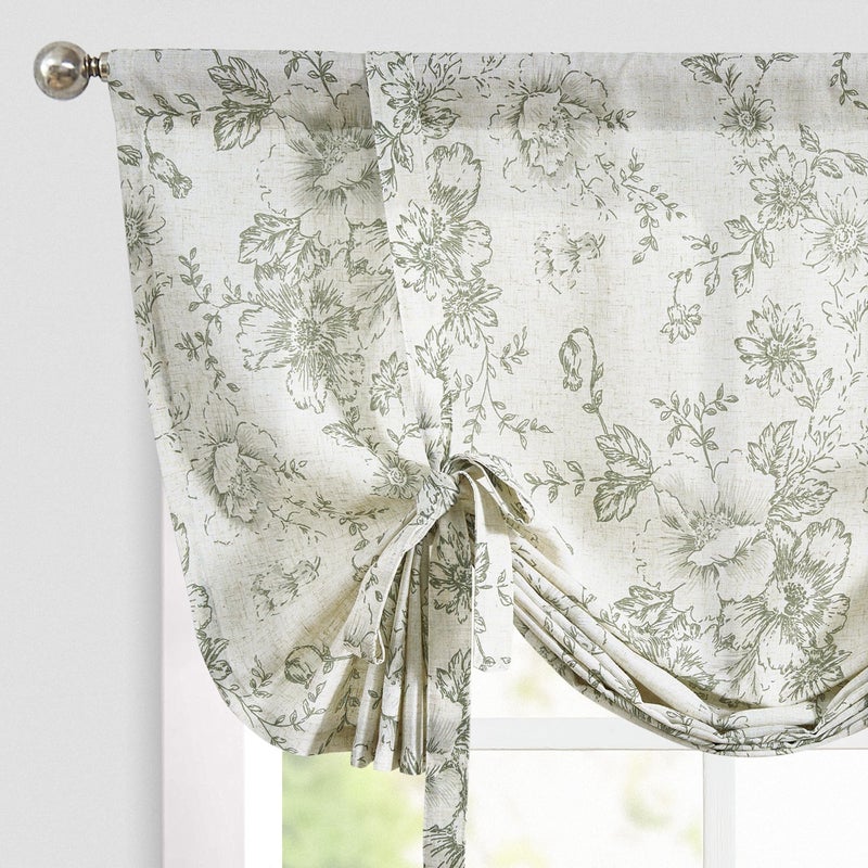 jinchan Tie Up Valance Curtain Floral Linen Valance for Window Farmhouse 45 Inch Botanical Short Window Treatment Adjustable Length for Kitchen Living Room Light Filtering 1 Panel Sage Green on Linen - Image 1