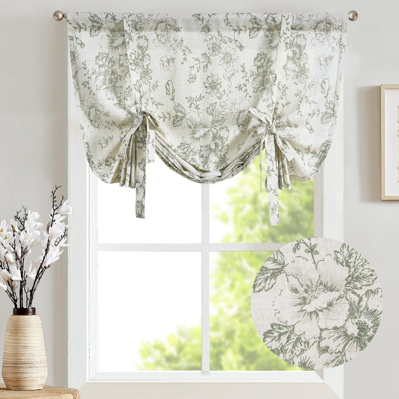 jinchan Tie Up Valance Curtain Floral Linen Valance for Window Farmhouse 45 Inch Botanical Short Window Treatment Adjustable Length for Kitchen Living Room Light Filtering 1 Panel Sage Green on Linen - Image 2