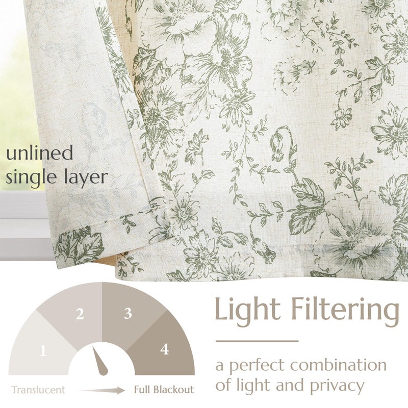jinchan Tie Up Valance Curtain Floral Linen Valance for Window Farmhouse 45 Inch Botanical Short Window Treatment Adjustable Length for Kitchen Living Room Light Filtering 1 Panel Sage Green on Linen - Image 4