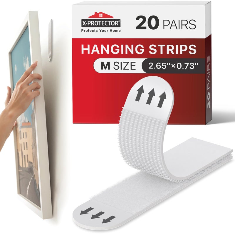 XProtector Picture Hanging Strips 20 Pairs Damage Free Picture Hangers Self Adhesive Hangers Without Nails Heavy Duty Wall Hanging Strips Wall Sticky for Hanging Up to 15 LBS Size M