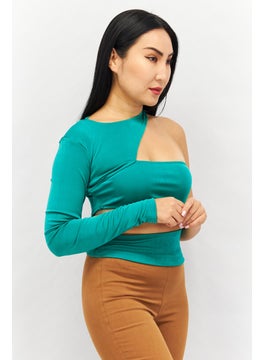 NA-KD Women Round Neck One Shoulder Sleeves Cut Out Shirt, Green  - Image 2