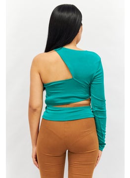 NA-KD Women Round Neck One Shoulder Sleeves Cut Out Shirt, Green  - Image 3