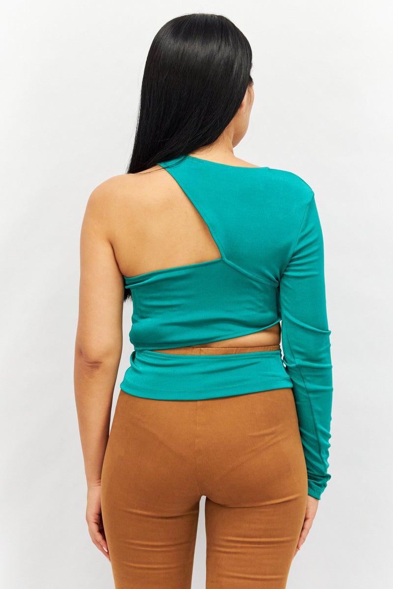 NA-KD Women Round Neck One Shoulder Sleeves Cut Out Shirt, Green - Image 3