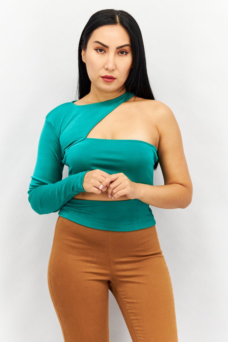 NA-KD Women Round Neck One Shoulder Sleeves Cut Out Shirt, Green - Image 1