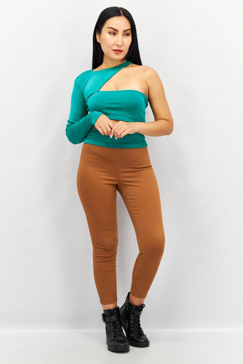 NA-KD Women Round Neck One Shoulder Sleeves Cut Out Shirt, Green - Image 4